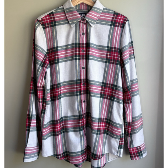 LANDS END Tartan Plaid Cotton Flannel Button Shirt Medium 10-12 Red Green Blue - Picture 1 of 12